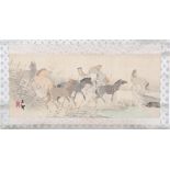 Unclearly signed, Horses by the river, watercolor on silk, with decorated ivory scroll, Japan ca.