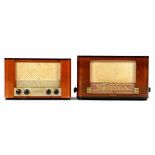 2 1960s Erres radios in walnut cabinet, 47 and 43 cm wide, with parts such as tube lamps