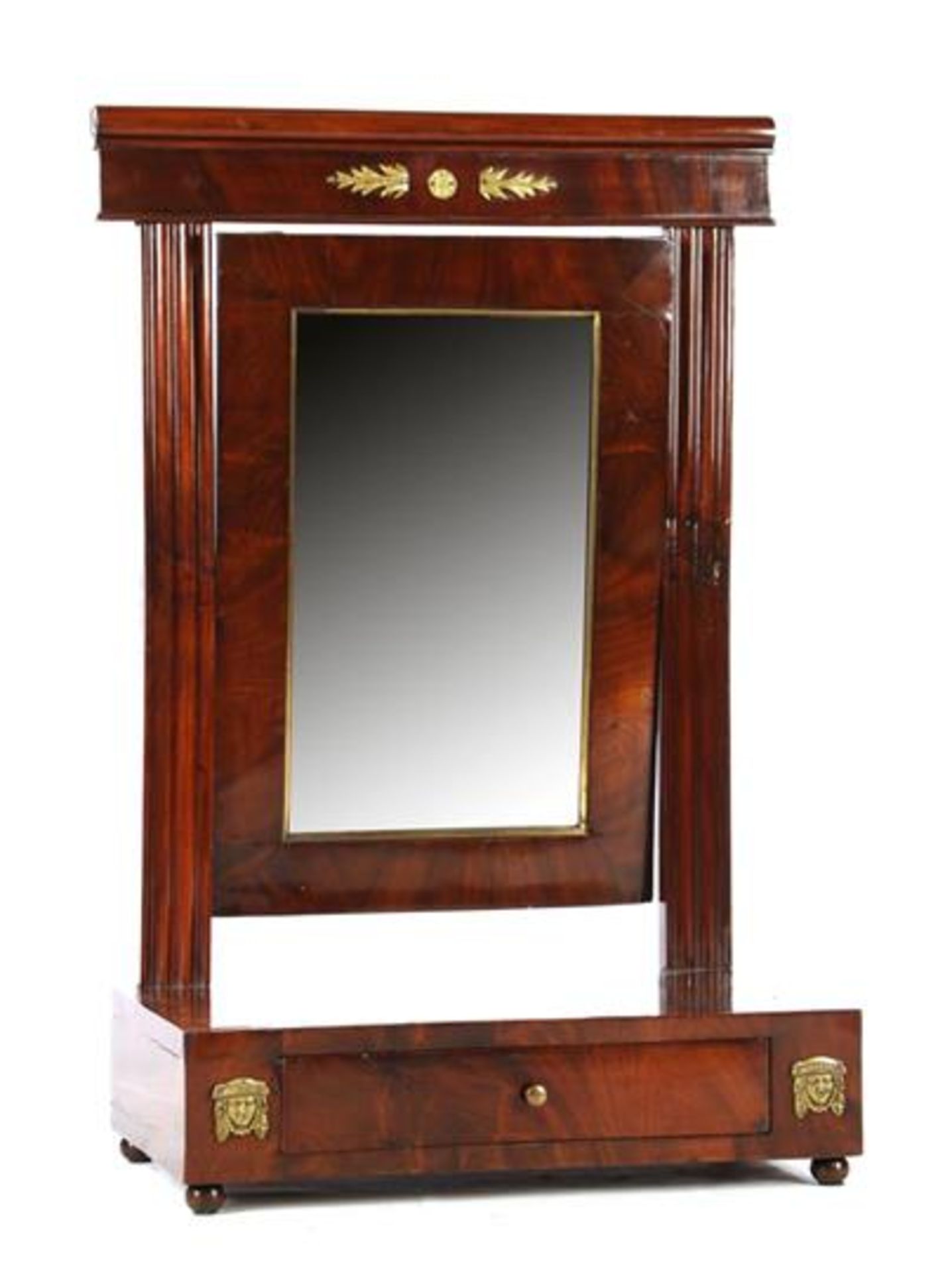 Mahogany veneer on oak Empire vanity mirror with drawer 83 cm high, 56.5 cm wide, 29 cm deep