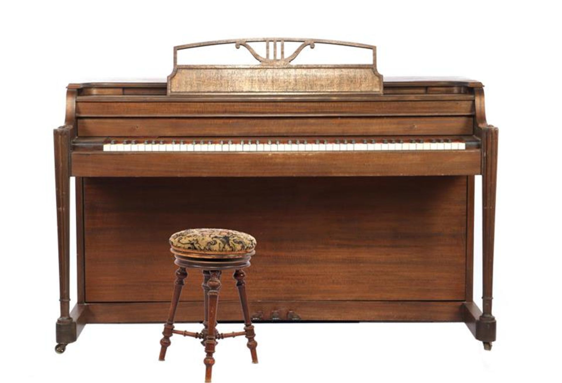 Baldwin piano in teak cabinet with fluted columns, cabinet numbered 81505, 89 cm high & nbsp; 149 cm