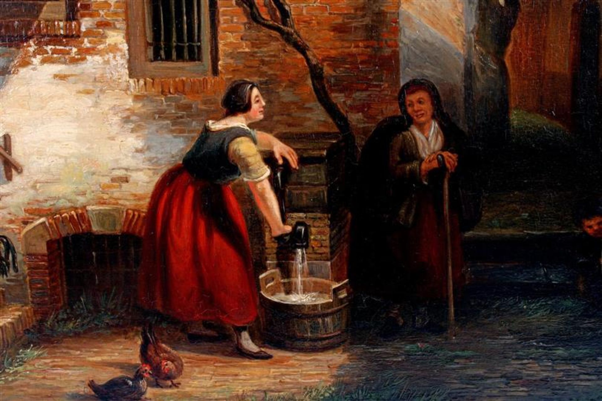 Signed M Savry, Scene in courtyard with woman with pump talking to woman with cloak, boy playing - Bild 2 aus 3