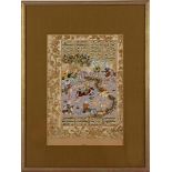 Arabic watercolor of figures during the hunt with text on the top, Hunting scene, Shahnameh folio,