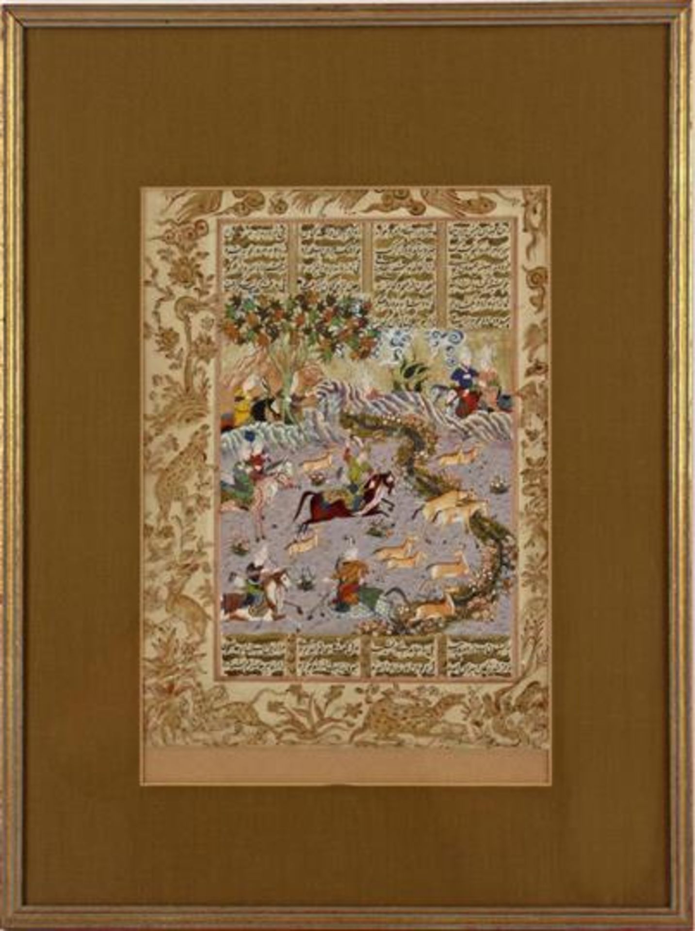 Arabic watercolor of figures during the hunt with text on the top, Hunting scene, Shahnameh folio,