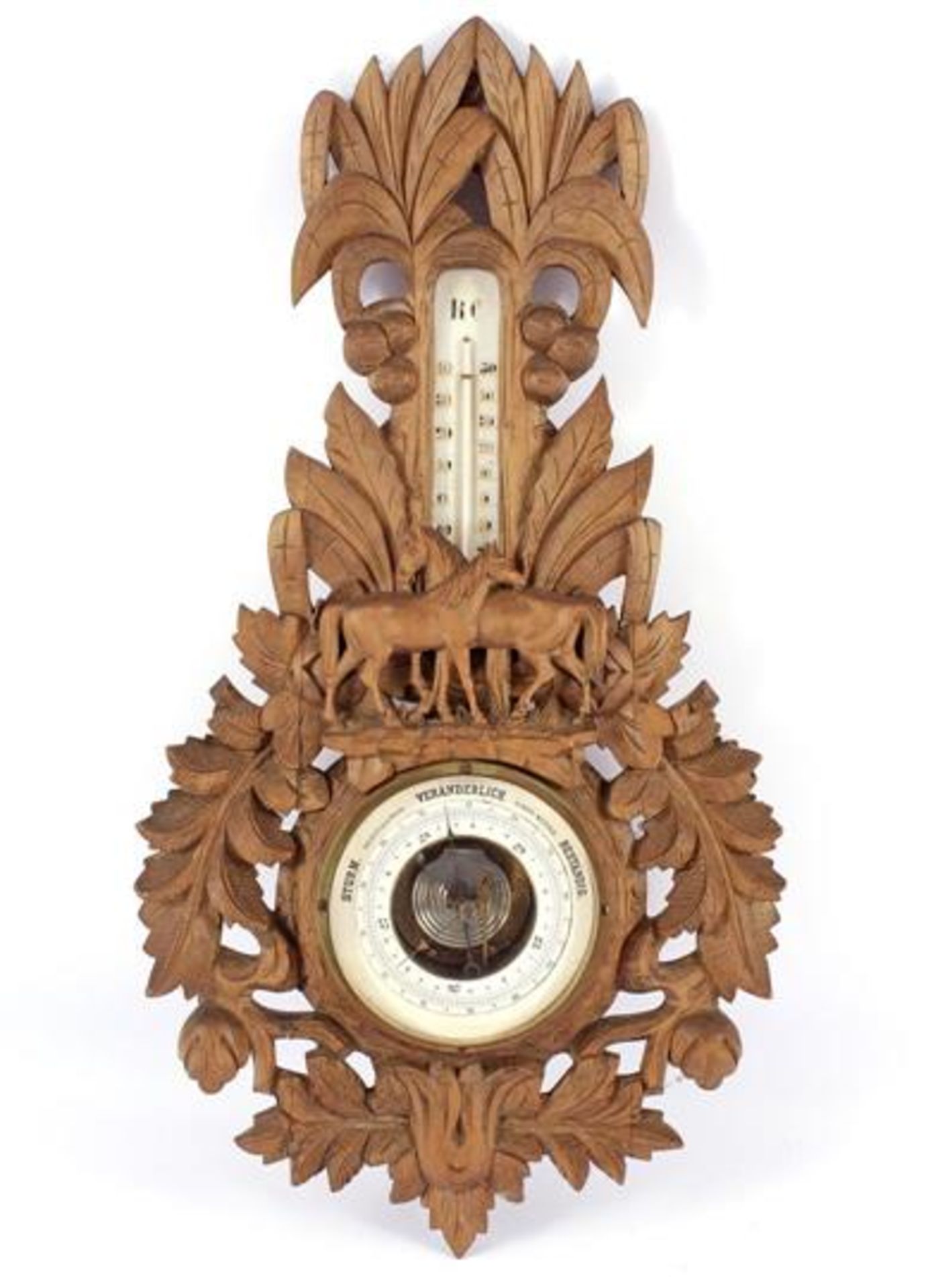 Dutch barometer in a richly decorated cabinet with horses, 61 cm high