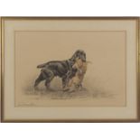 Color lithograph by Leon Danchin (1887-1938) depicting a hunting dog with prey 41.5 x 61.5 cm