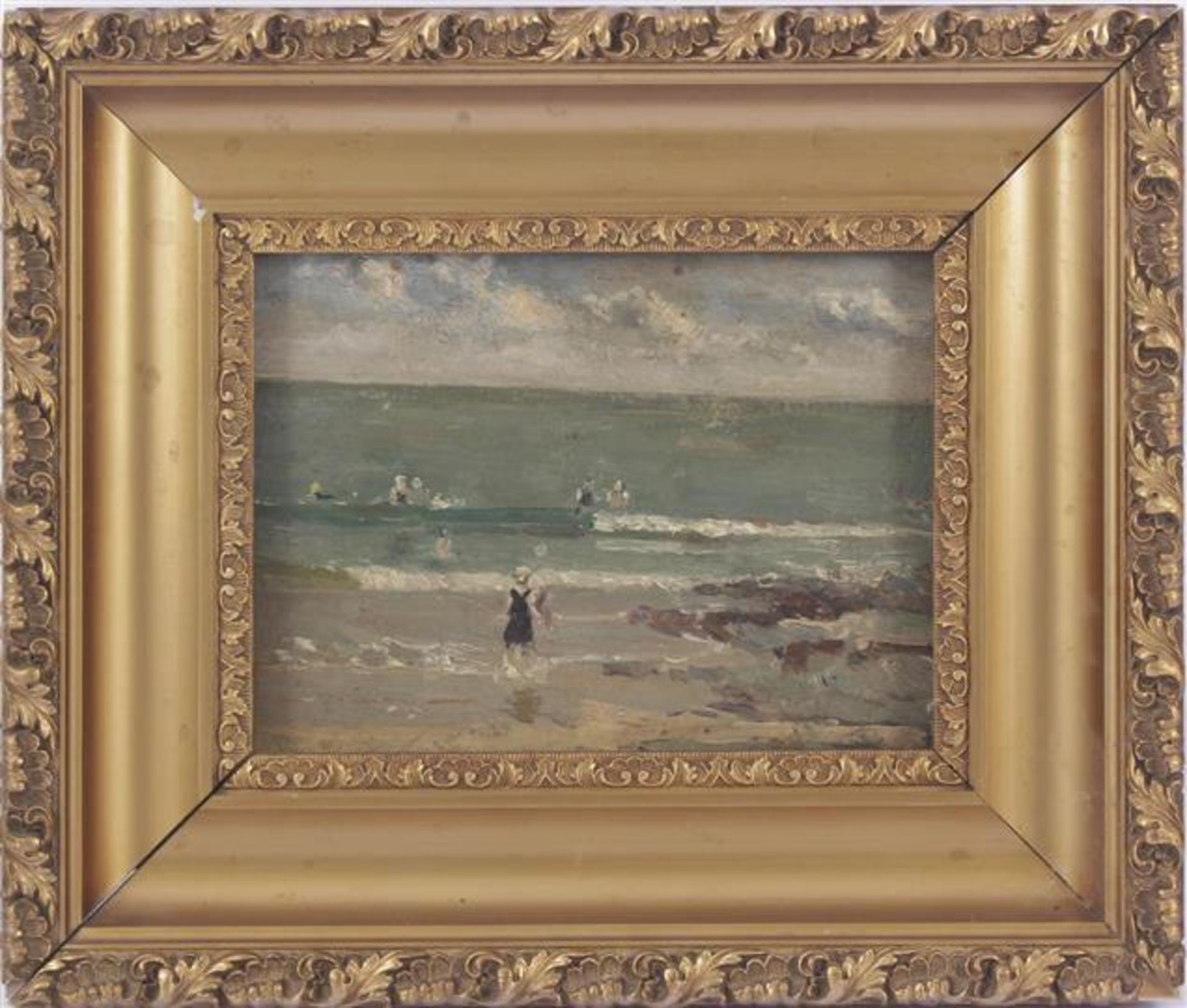 Signed A Mondt (signature is behind the frame), Figures in the surf, panel 22x27 cm