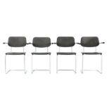 4 Gispen tubular frame armchairs with plastic armrests and gray / brown upholstery