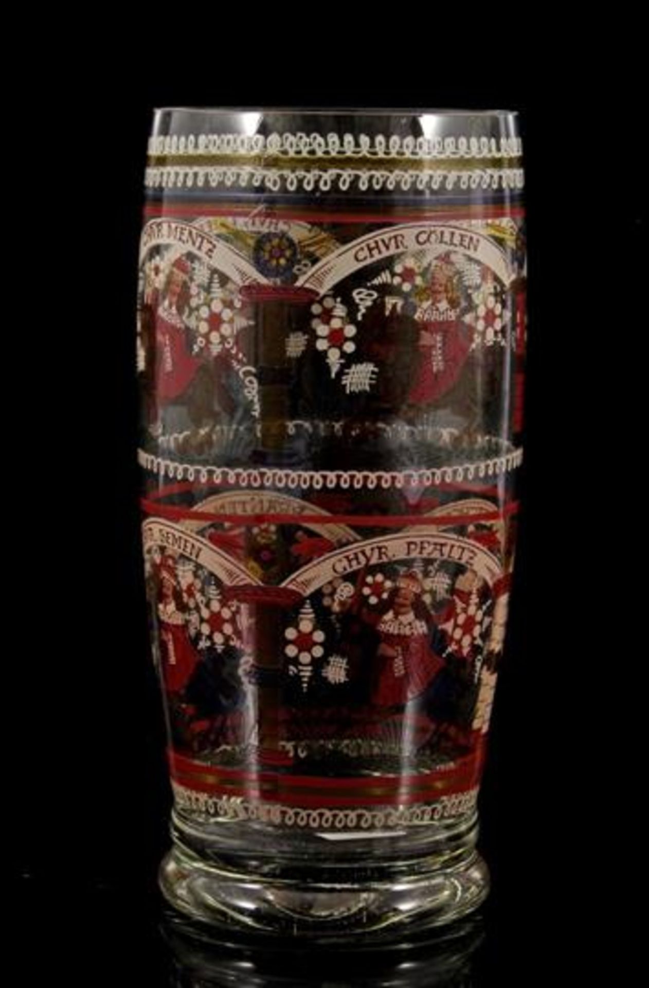 German glass with multi-colored decoration of rulers of various cities, 21 cm high