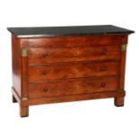 Mahogany veneer on oak 19th century 4-drawer chest of drawers with brass ornaments and marble top,