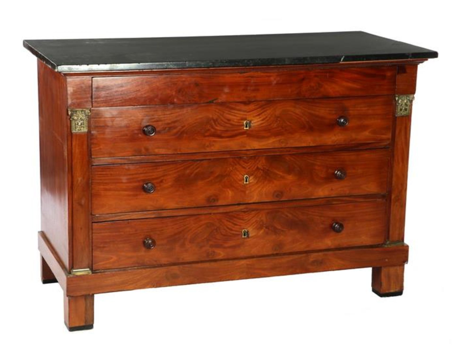 Mahogany veneer on oak 19th century 4-drawer chest of drawers with brass ornaments and marble top,