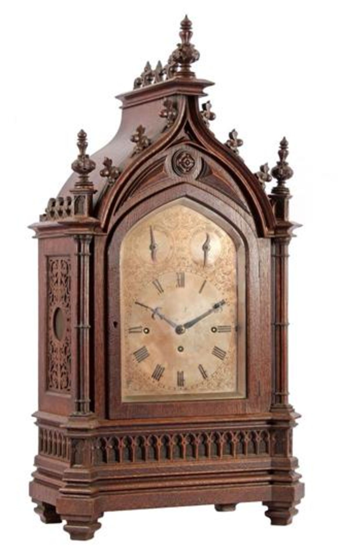 Lenzkirch table clock in gothic style with a pierced oak case with openwork & nbsp; parts 80 cm