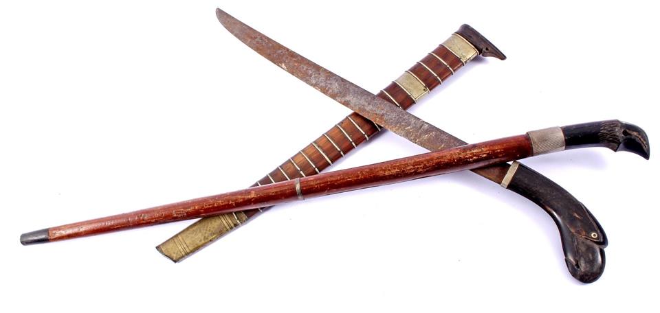 Antique Indian Klewang with horn handle and wooden scabbard with metal straps 56 cm long and