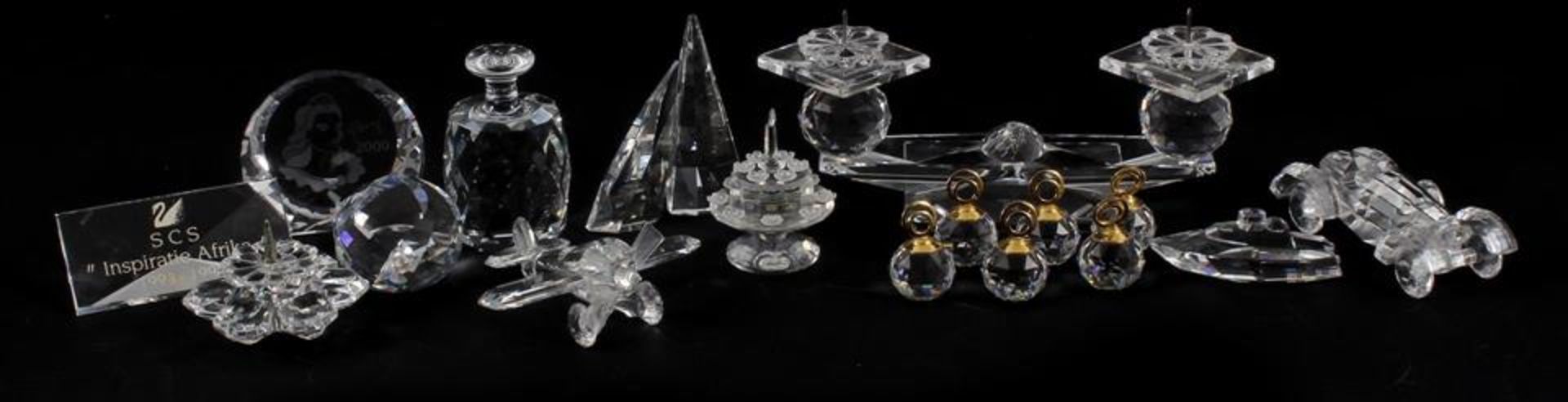 Collection of Swarovski crystal objects including classic car, plane, sailing boat 8.5 cm high, 2-