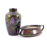 Regina Gouda pottery vase with Uni decor 26.5 cm high (edge damage) and oval jardiniere with Kagta