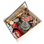Box with Oriental items including copperware, lacquer dishes, stone figures and jar with lid, wooden