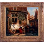Signed M Savry, Scene in courtyard with woman with pump talking to woman with cloak, boy playing