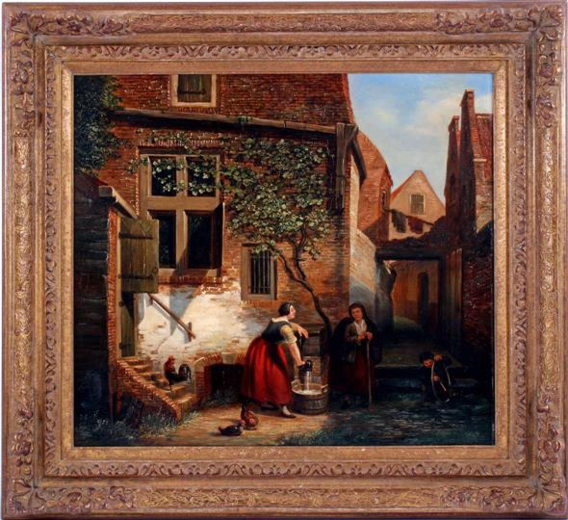 Signed M Savry, Scene in courtyard with woman with pump talking to woman with cloak, boy playing