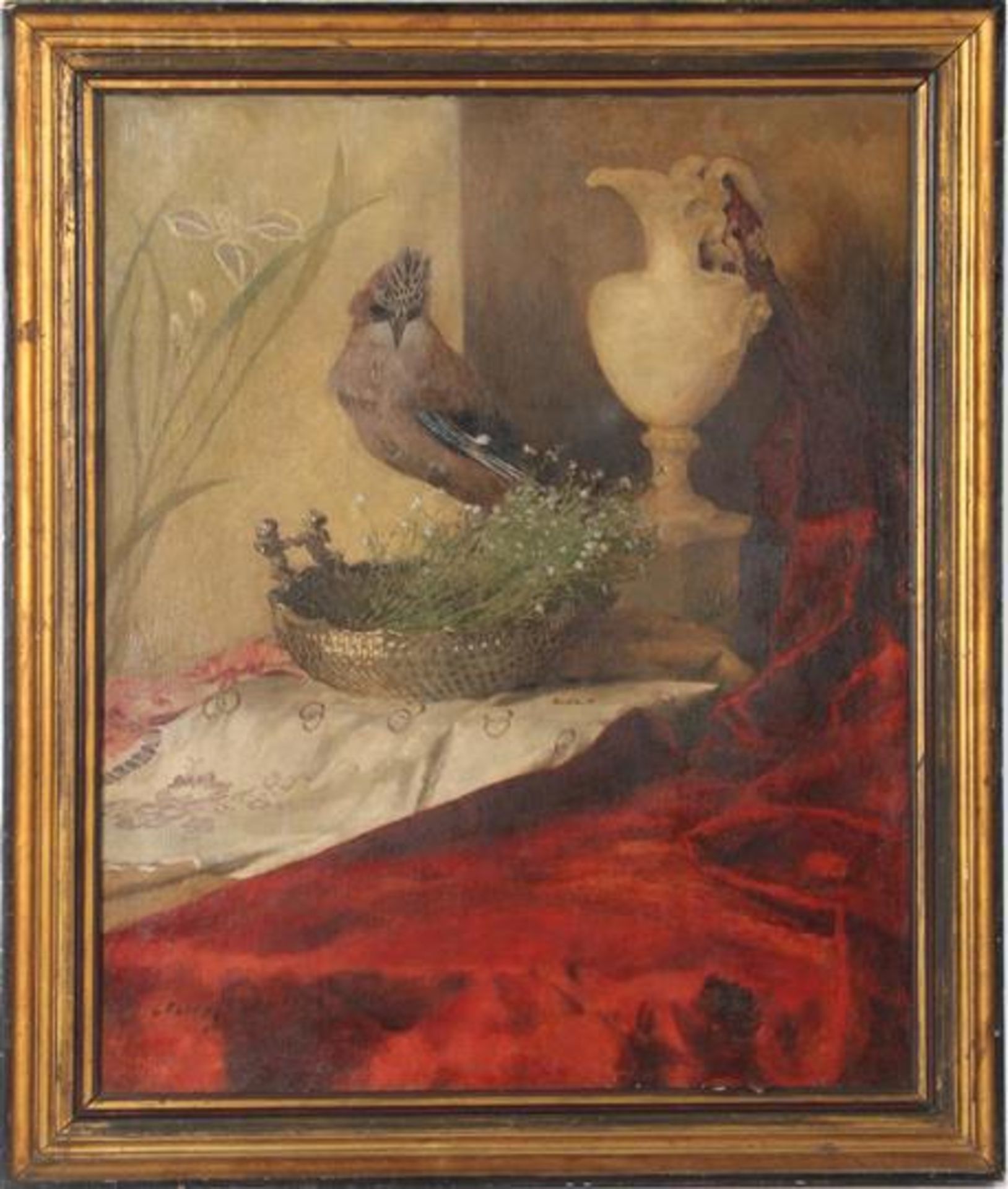 Unclearly signed, Still life with alabaster pitcher, bowl with herbs and stuffed Jay, canvas 69x56