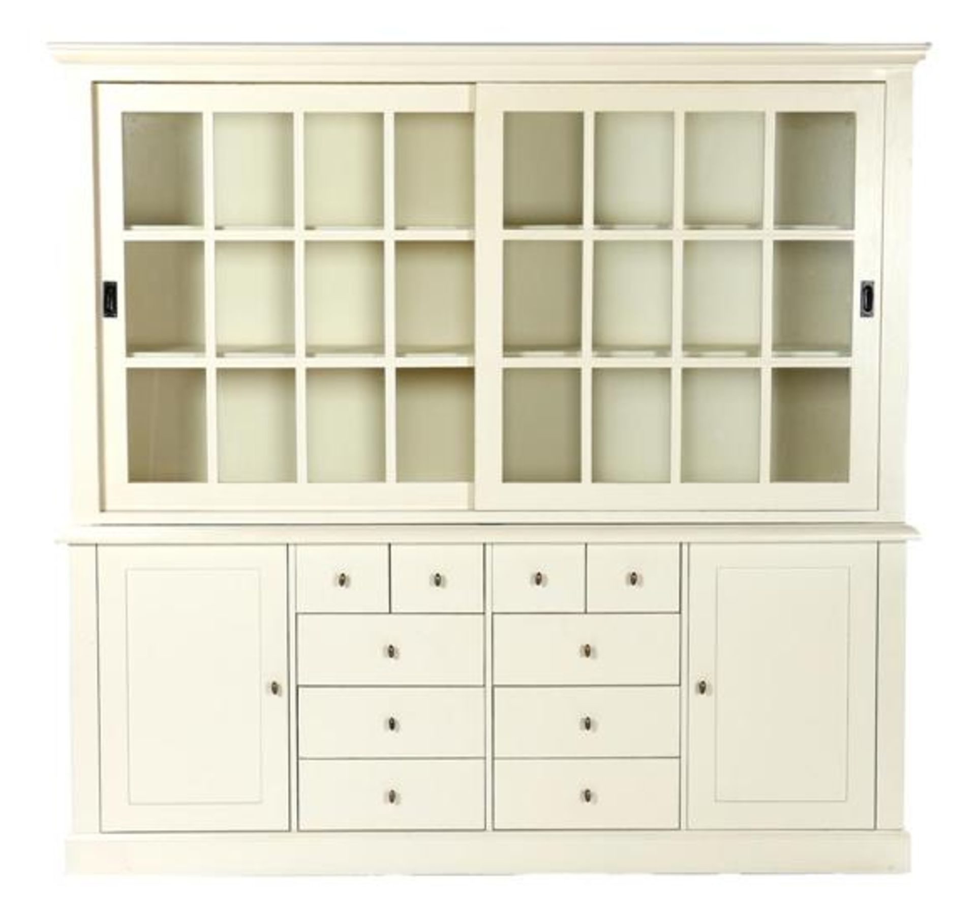 2-part white cabinet with 2 doors, 10 drawers and shelves behind the 2 sliding doors, 210 cm high,