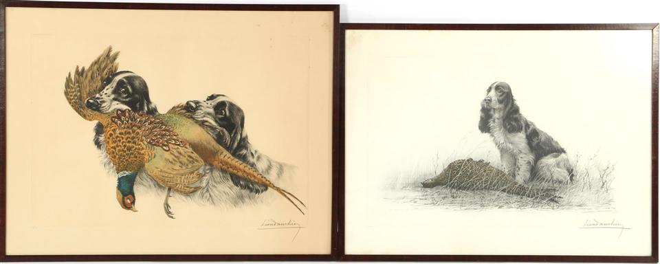 2 color lithographs & nbsp; by Leon Danchin (1887-1938) with depictions of hunting dogs with prey