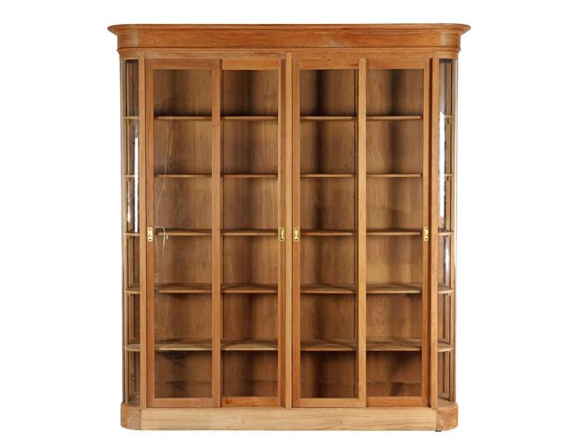Demountable teak display cabinet with 4 sliding doors, 235 cm high, 240 cm wide, 47 cm deep