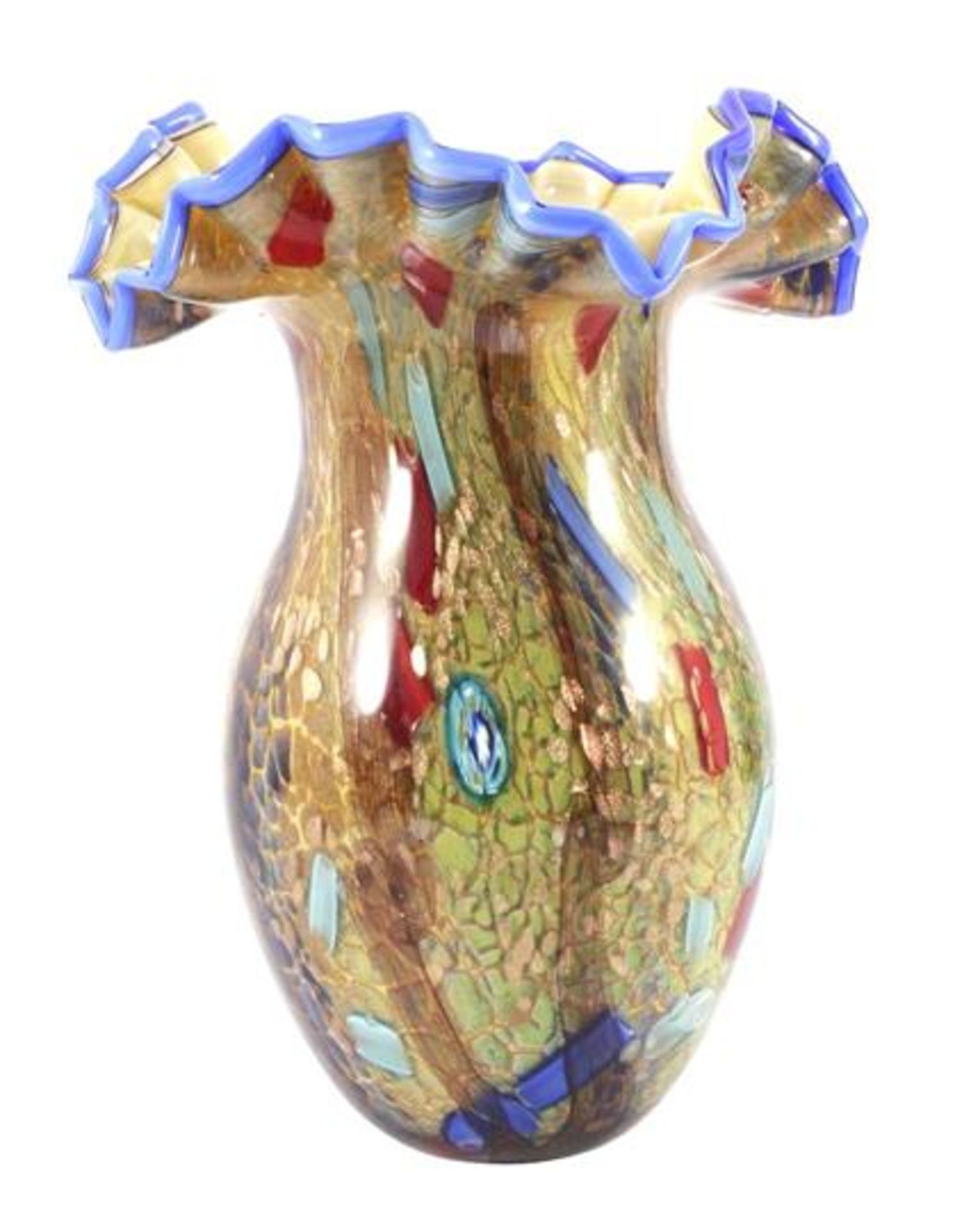 Anonymous, glass multi-colored decorative vase with pleated collar, 38 cm high