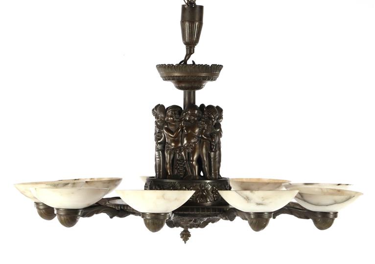 Bronze Art Deco 9-bulb hanging lamp with richly decorated decor and alabaster caps (2 & nbsp; with