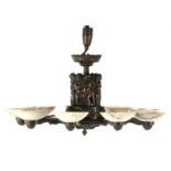 Bronze Art Deco 9-bulb hanging lamp with richly decorated decor and alabaster caps (2 & nbsp; with