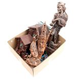 Box of singles, wooden statues, bijou and 2 cuckoo clocks