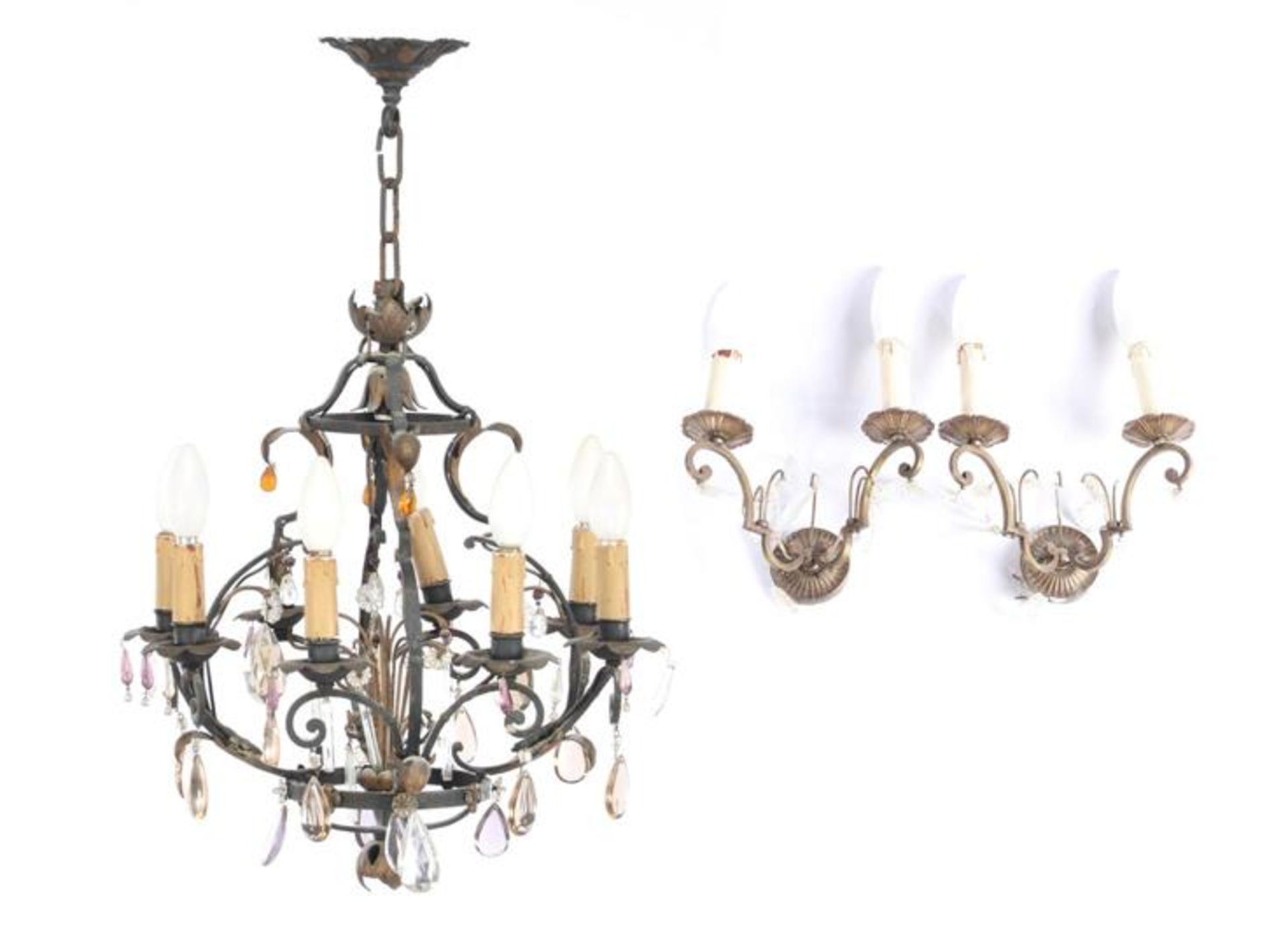 Wrought iron with copper 9-light pendant lamp 66 cm high, 44 cm diameter with 2 & nbsp; 2-light wall