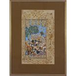 Arabic watercolor with many figures and text on the front and back, Shahnameh folio, 19/20th cent.