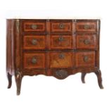 Burr walnut veneer with intarsia on oak Louis Quinze 3-drawer chest of drawers with white marble top