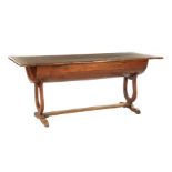 Oak table with folding top, storage space in a trough-shaped tray, harp-shaped sides & nbsp; and