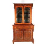 Mahogany veneer on oak 2-part cabinet with 2-door base cabinet with pull-out writing area and 2-door