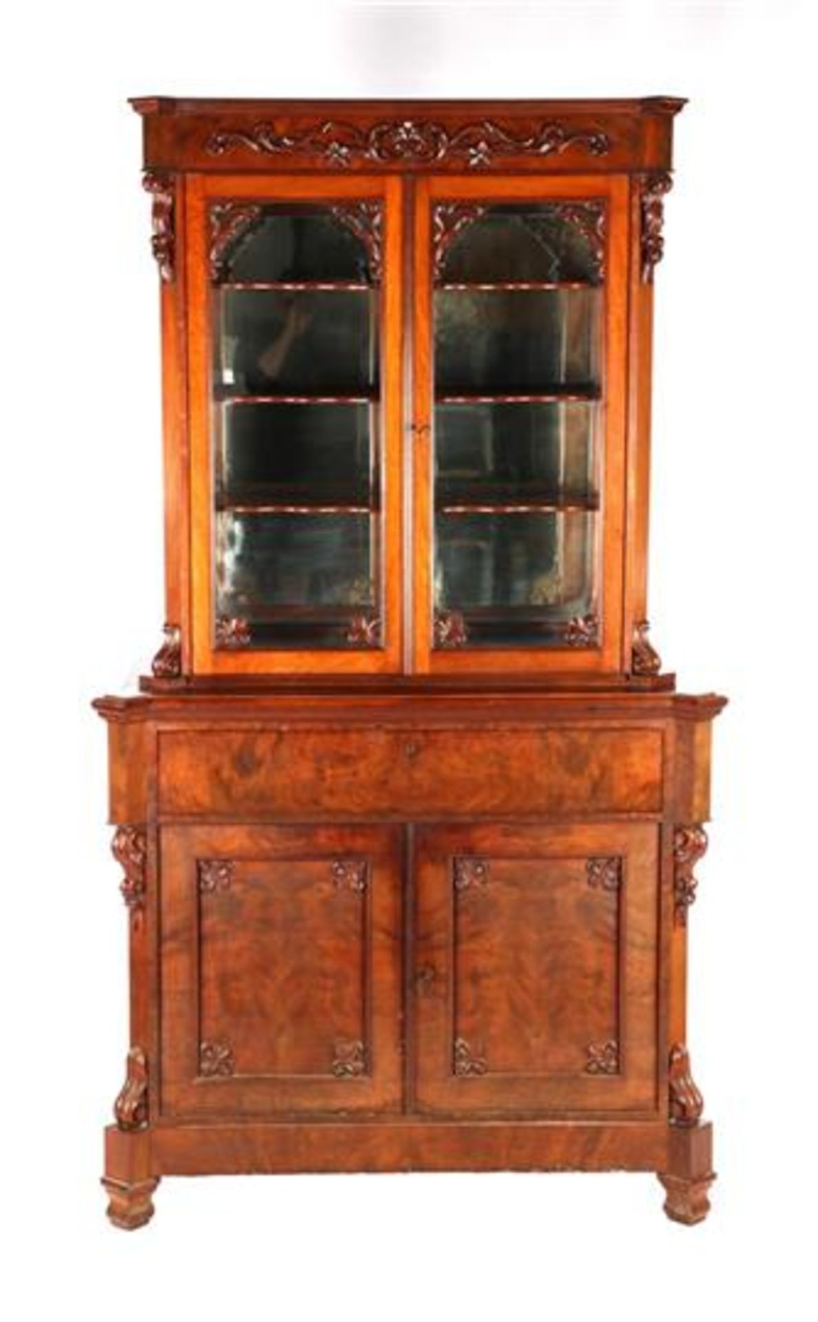 Mahogany veneer on oak 2-part cabinet with 2-door base cabinet with pull-out writing area and 2-door