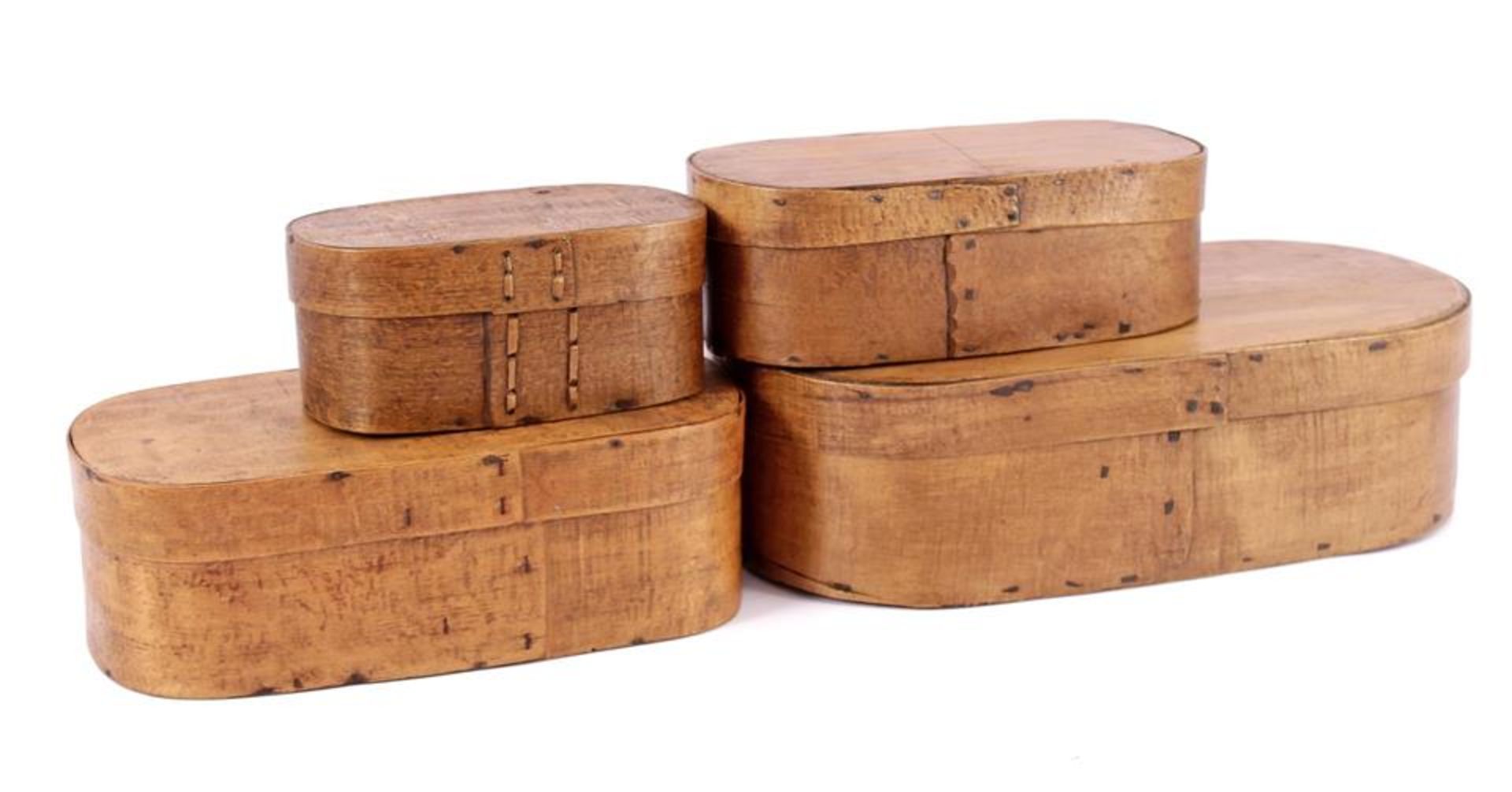 4 beechwood and pinewood 19th century chip boxes, widest 38 cm
