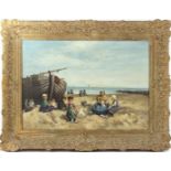 With signature Akkeringa, Mother with children playing on the beach with flat bottom near