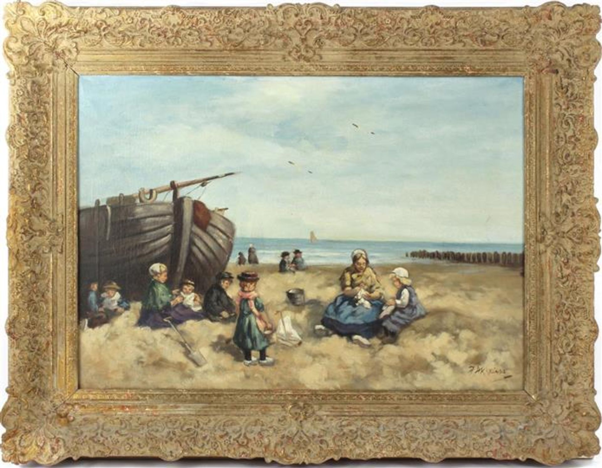 With signature Akkeringa, Mother with children playing on the beach with flat bottom near