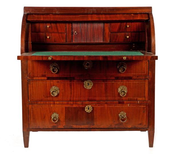 Mahogany veneer on oak roll top desk with drawers and compartment with blind door behind the