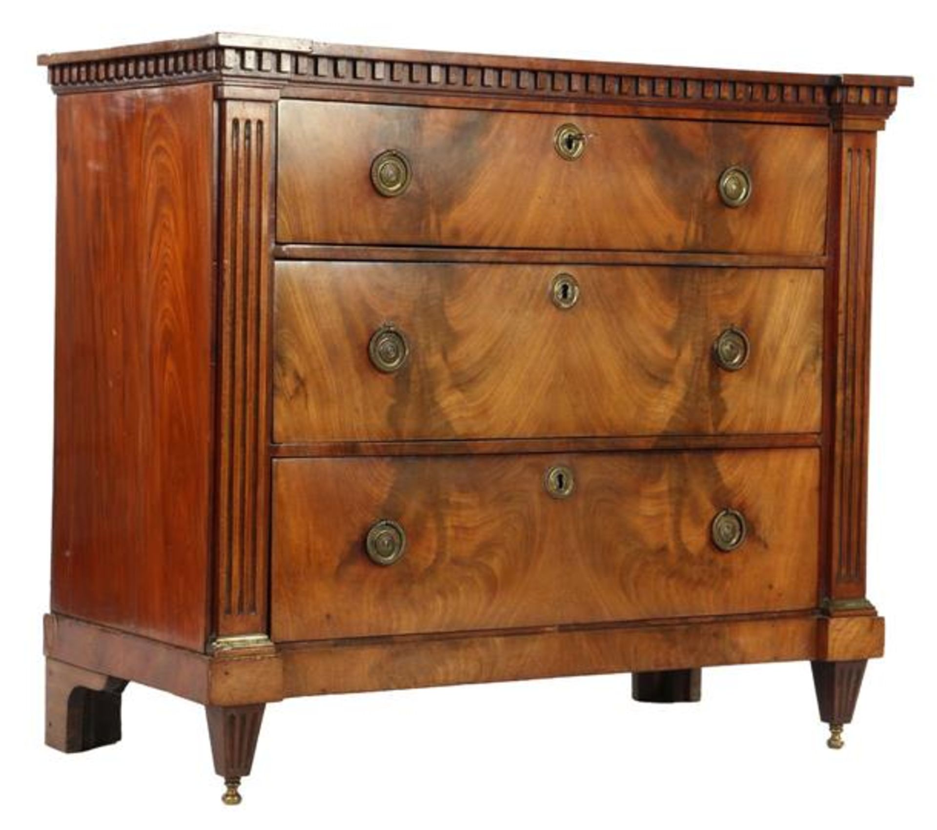 Mahogany veneer on oak Louis Seize 3-drawer chest of drawers with block edge 86 cm high, 100 cm