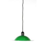 Green enamelled Stilnovo hanging lamp with white interior, design Jonathan de Pas, Donato d'Urbino