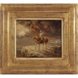 Unclearly signed, Rider on horseback, panel dated 1881.15x18 cm