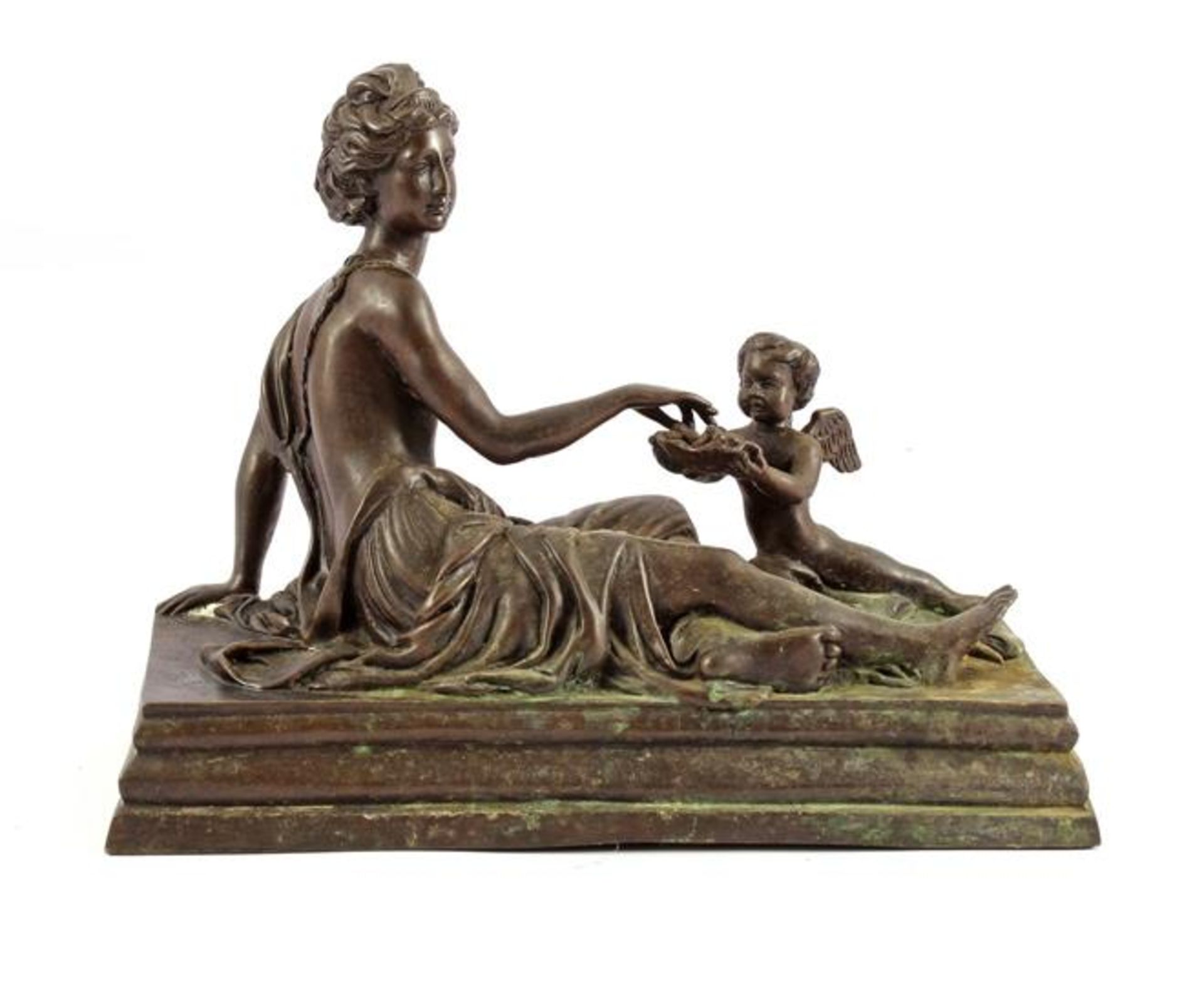 Bronze sculpture of a reclining lady and cherub with a grape bowl, marked E. Picault 20.5 cm high,