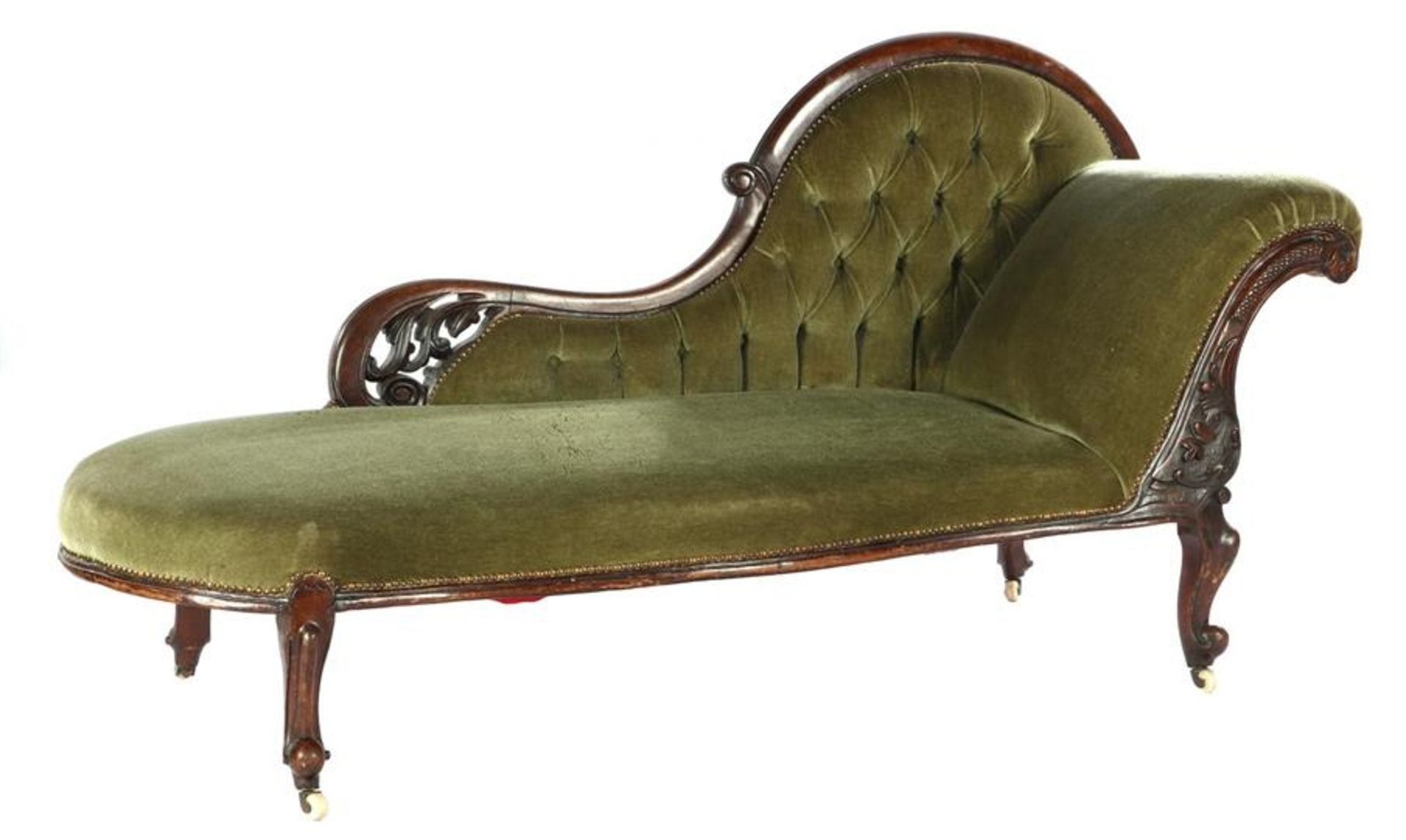 Biedermeier chaise longue with mahogany frame and green upholstery, approx. 175 cm wide