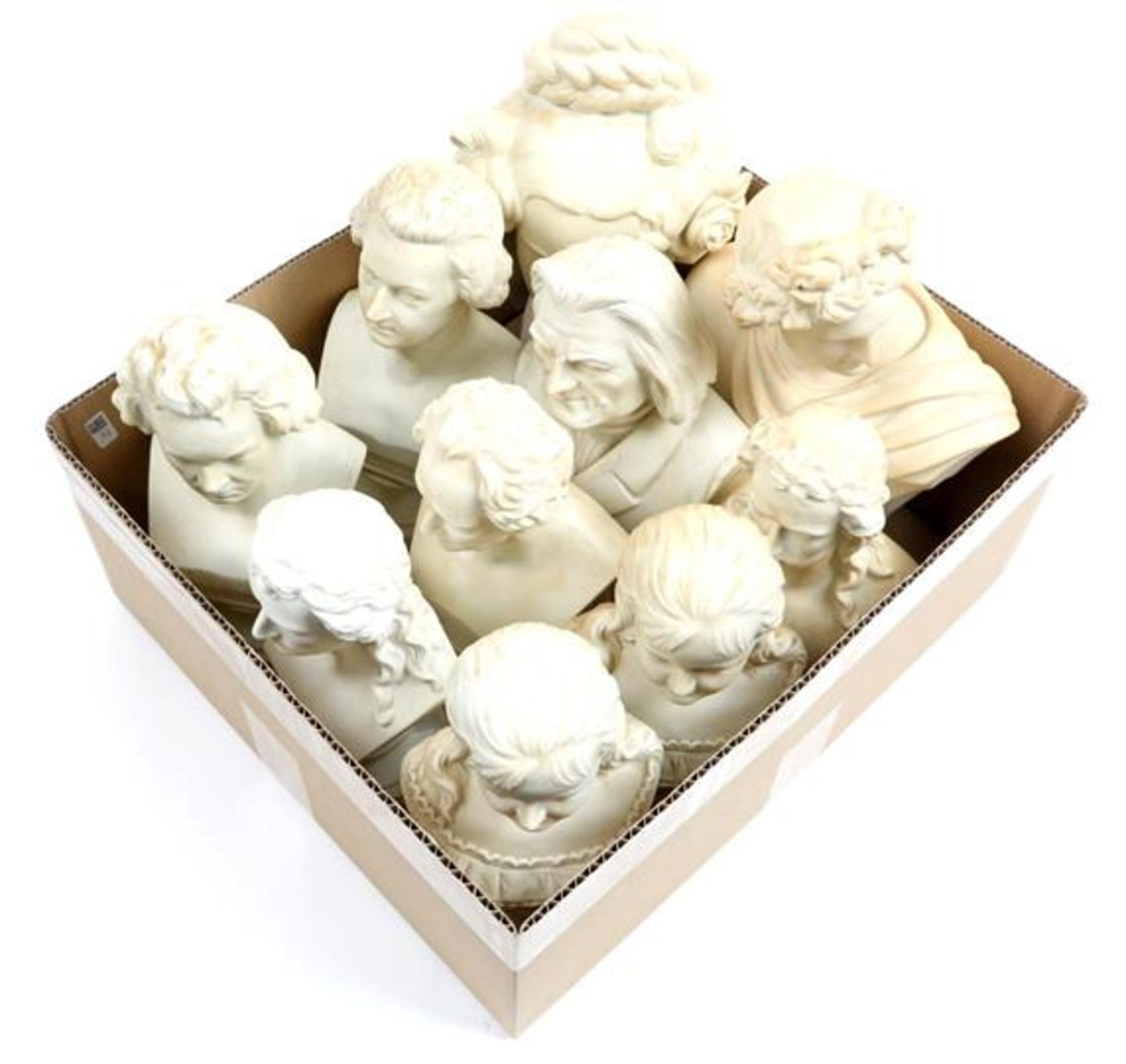 10 various biscuit porcelain busts of, among others, Beethoven, Liszt, Christ and Wilhelmina