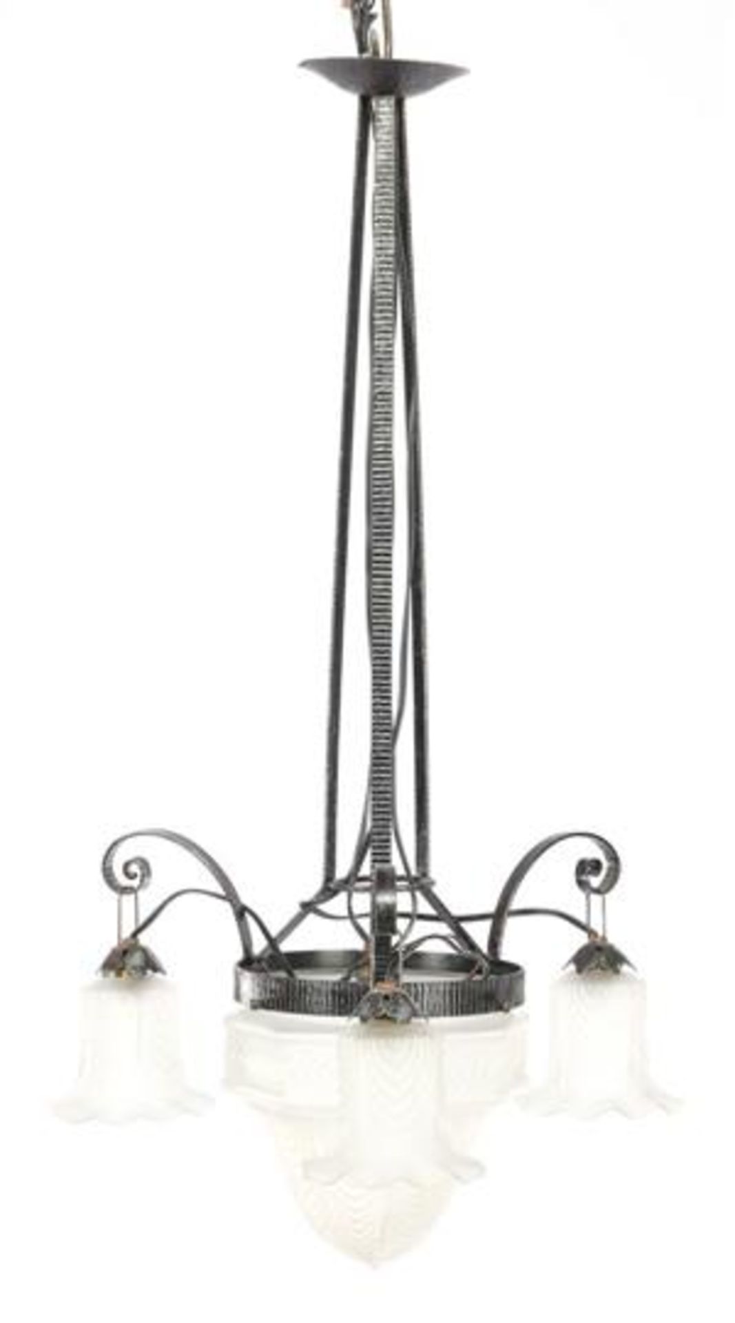 Not marked, Art Deco hanging lamp with glass bowl and 3 shades on a wrought iron fixture, France