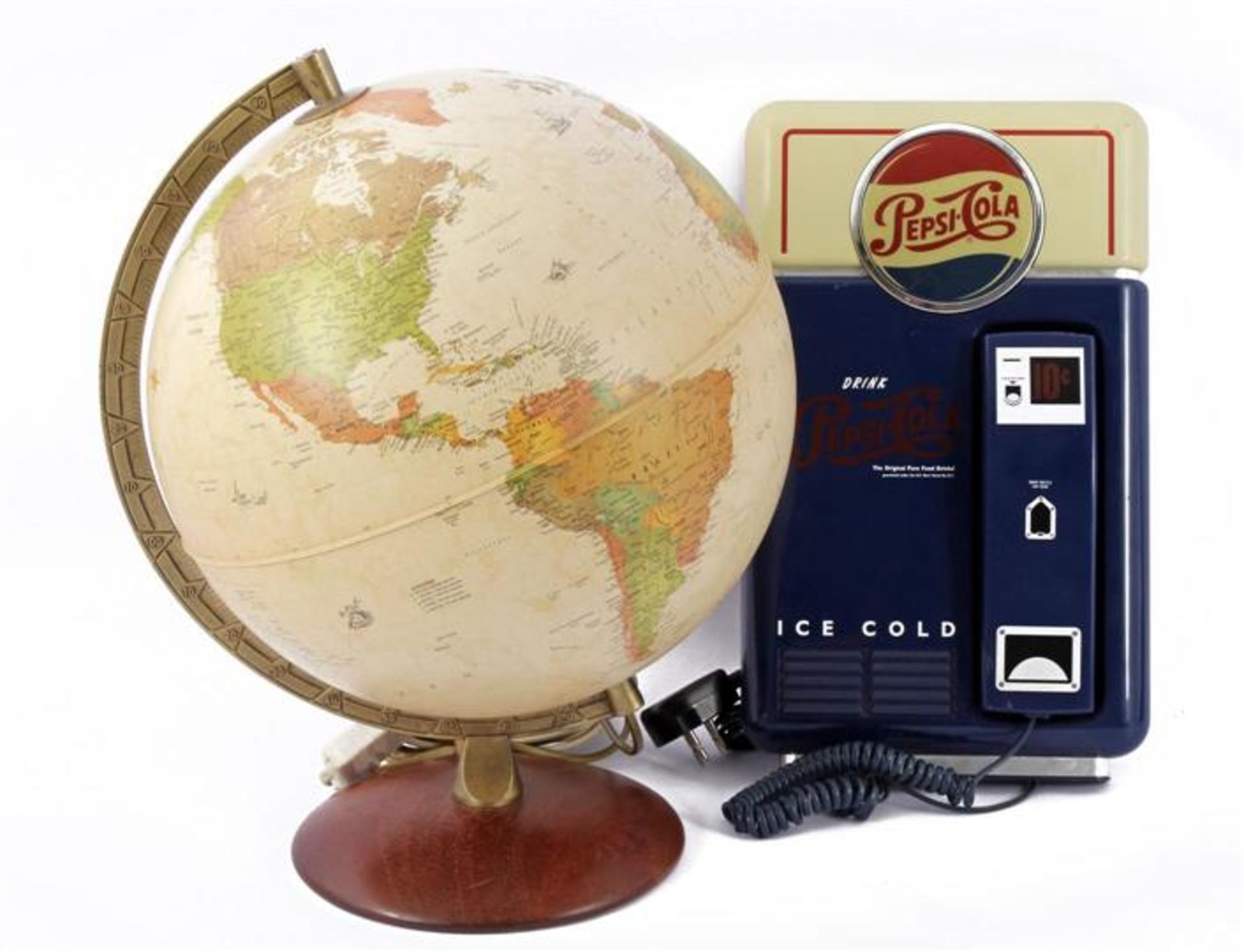 Plastic table globe with lighting, 40 cm high and a Pepsi-Cola wall telephone 35 cm high