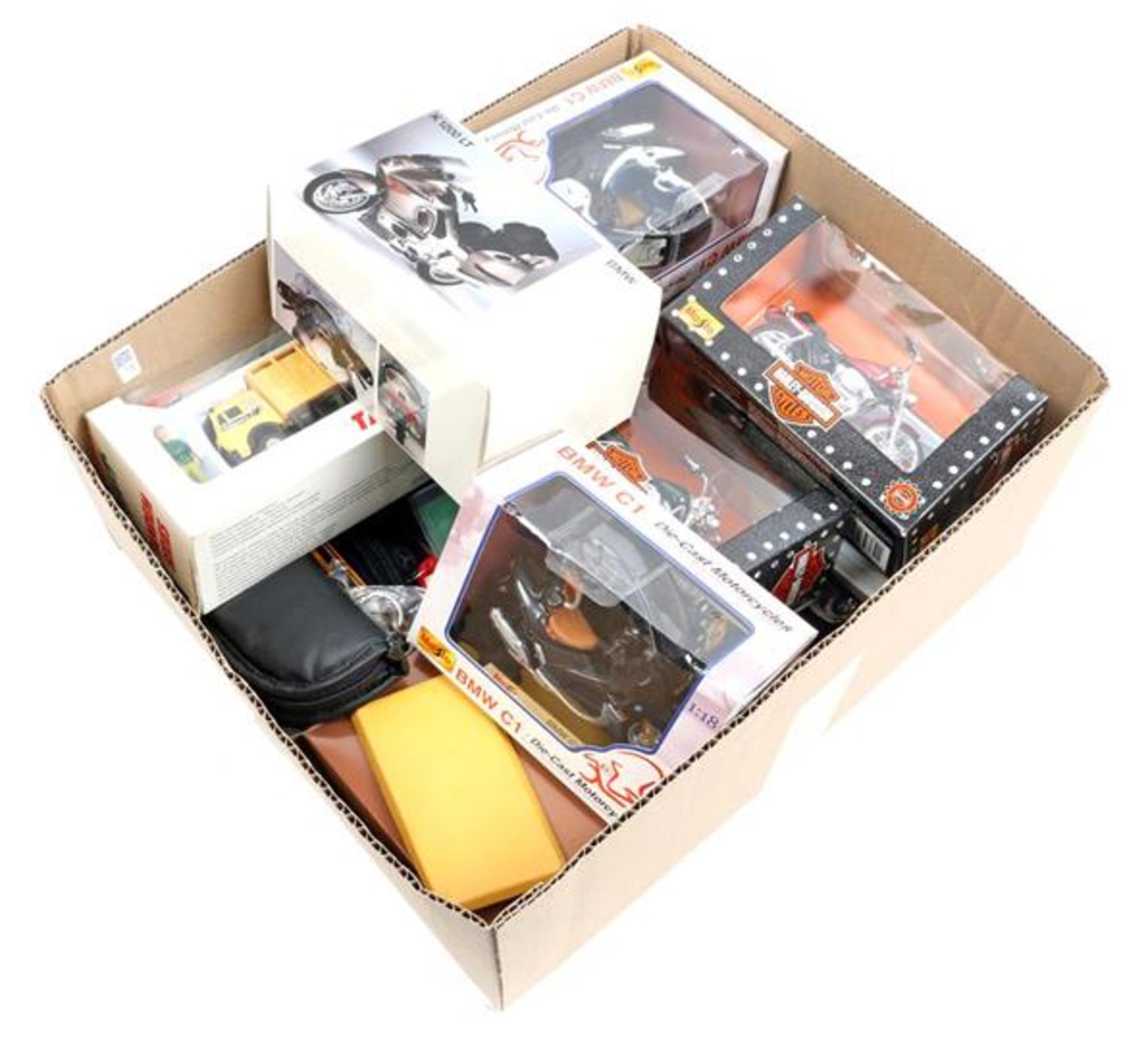 Box with scale model motorcycles, train and other nice items