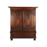 Antique 4-part cabinet with 2 drawers and 2 doors, various types of veneer on pinewood, richly