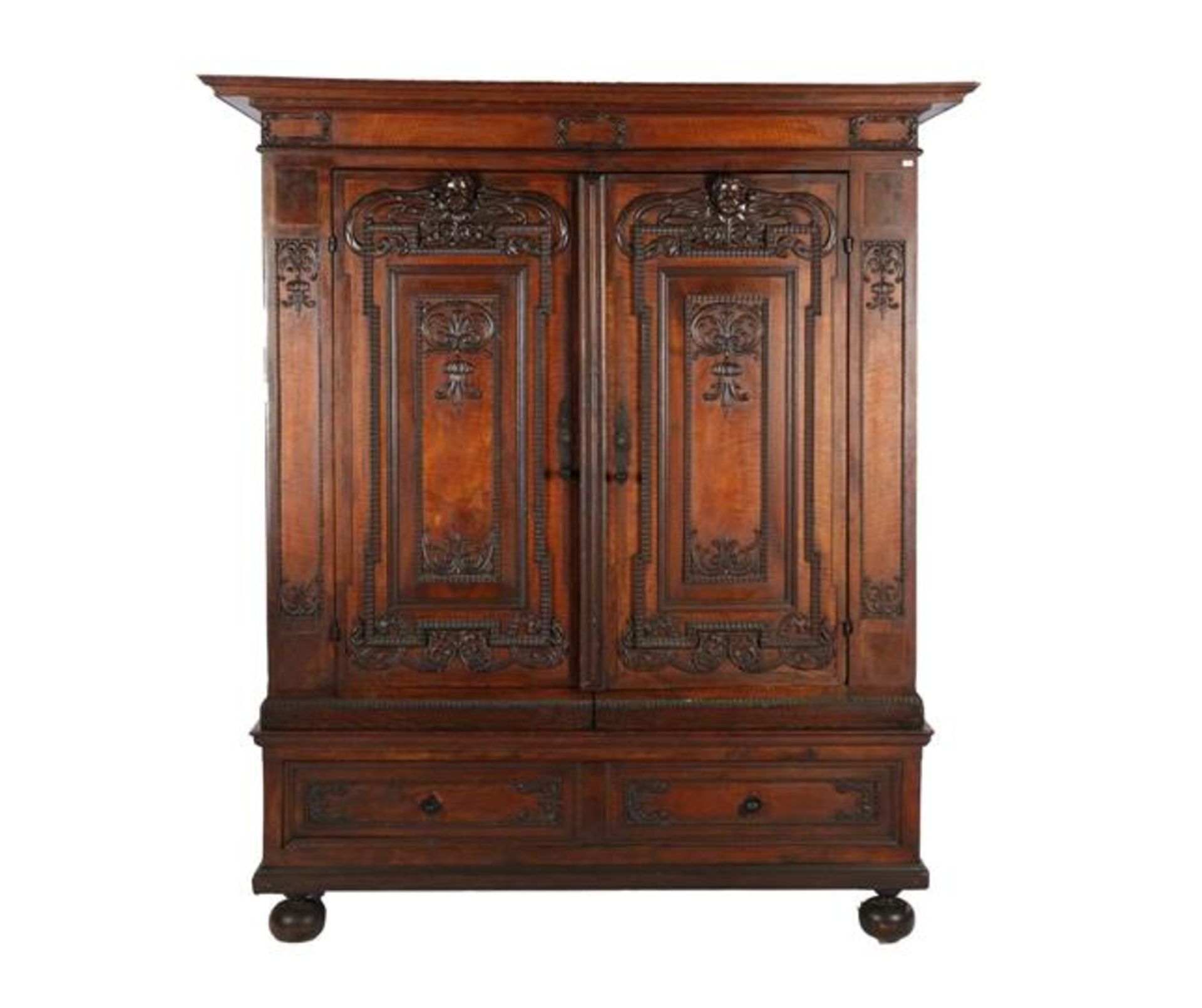 Antique 4-part cabinet with 2 drawers and 2 doors, various types of veneer on pinewood, richly